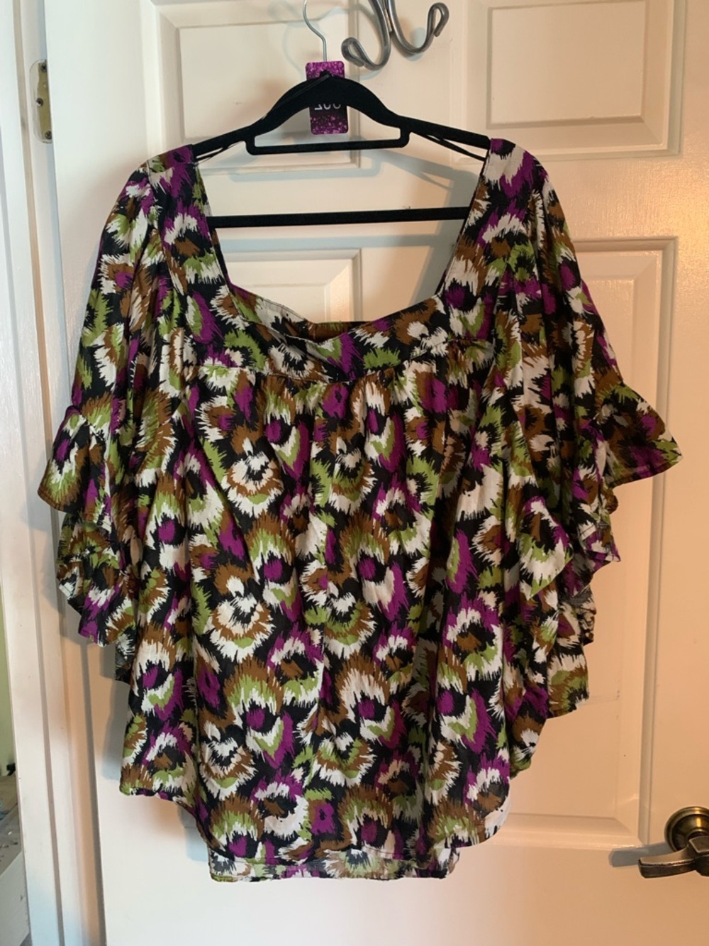 Terra & Sky Purple, Olive and White Floral Ruffle Sleeve Top